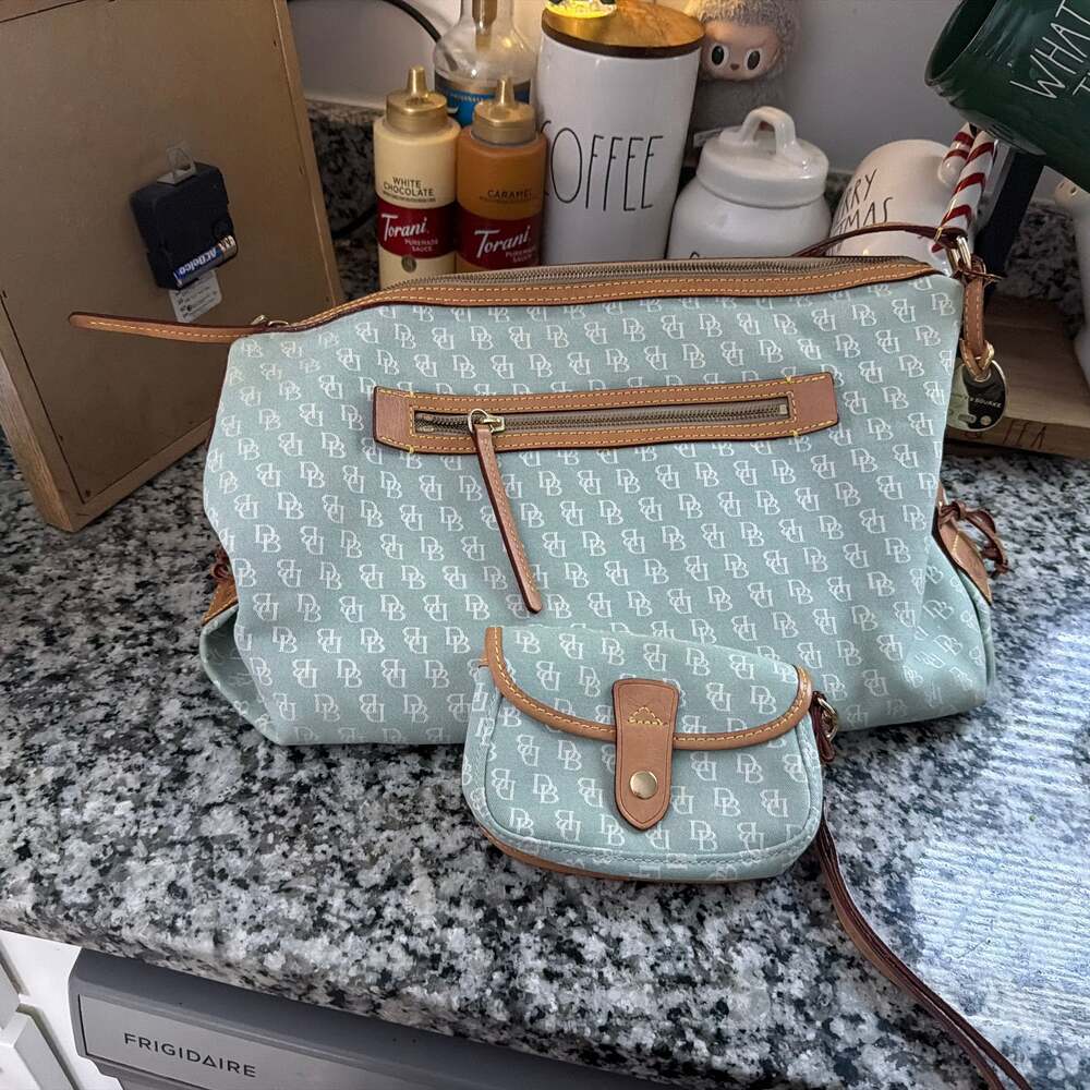 Dooney & Bourke Mint Green Monogram Jacquard Satchel with Coordinating Mini Pouc